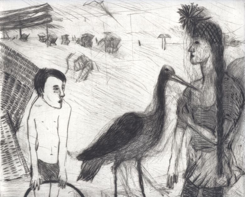 Zu sehen ist eine Kaltnadelradierung von 2007 mit dem Titel Am Strand. Sie zeigt links einen sch&uuml;chternen Jungen mit Reifen und rechts eine selbstbewusste junge Frau mit langem Zopf, dazwischen einen storchartigen Vogel mit Schnabel zur Frau gerichtet, im Hintergrund Strandk&ouml;rbe und ein Volleyballnetz.